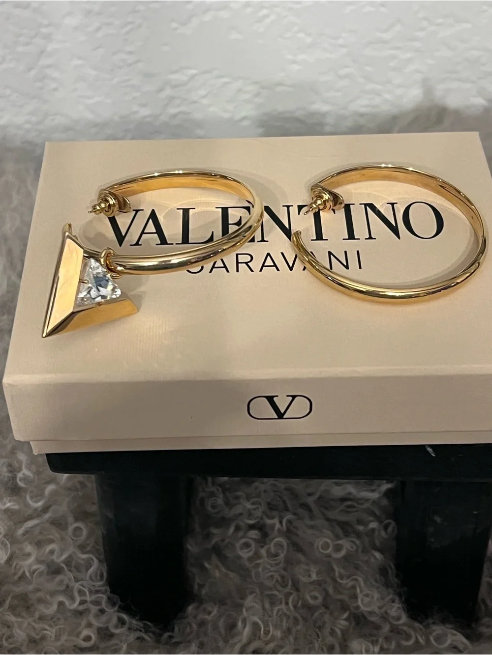 Valentino Garavani Gold Hoop Earrings with Triangle Crystal Charm “Je Les V”